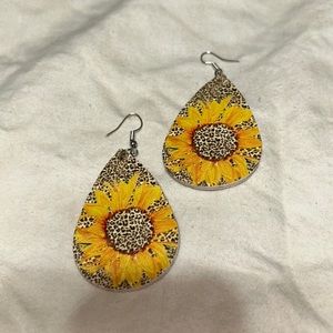 Faux Leather Sunflower and Leopard Teardrop Earrings